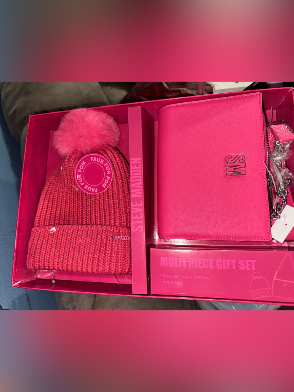 Steve Madden Hot Pink Knit Beanie with Faux Fur Pom & Matching Wallet